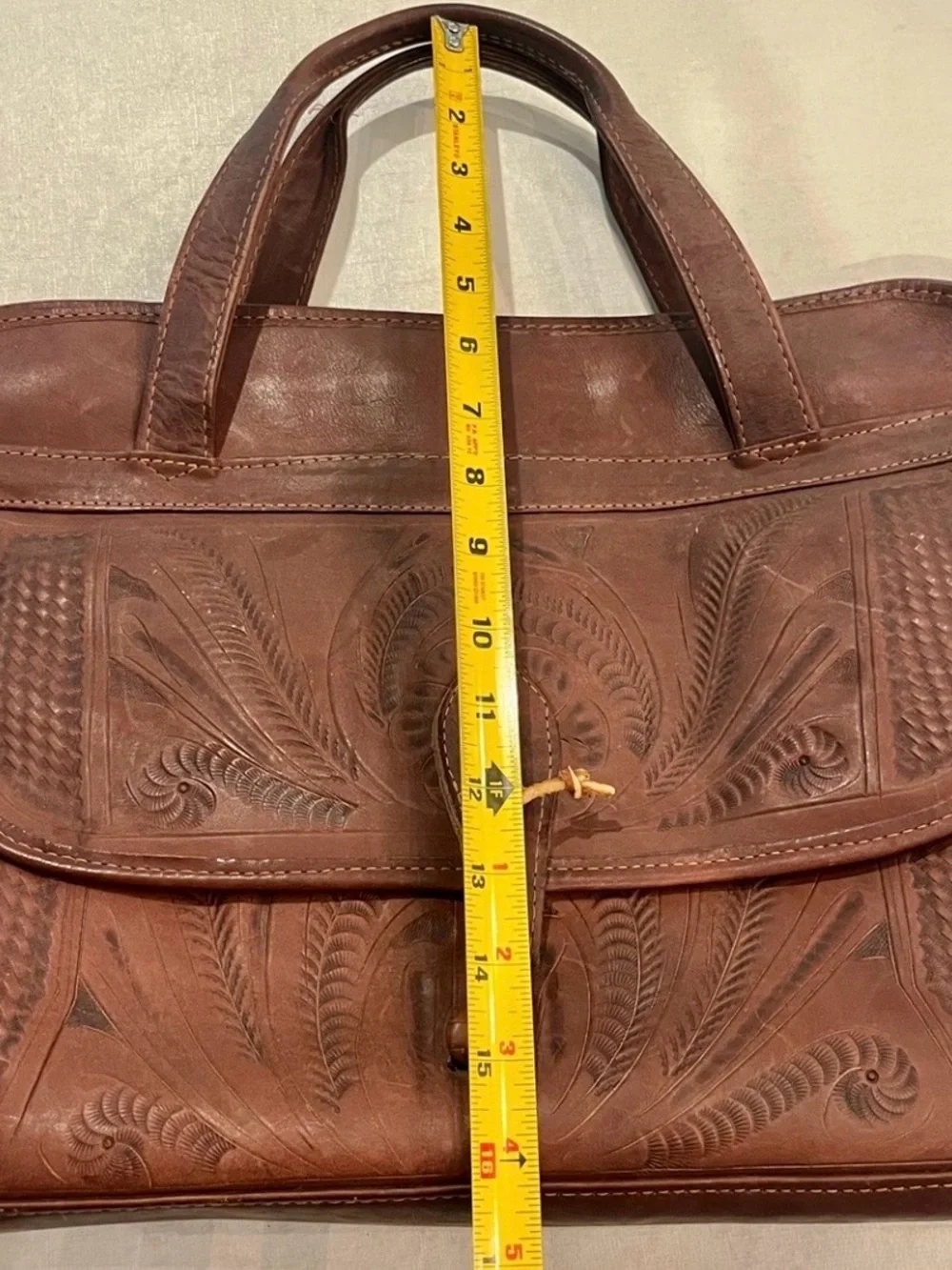 Hand-Tooled Brown Leather Briefcase Tote